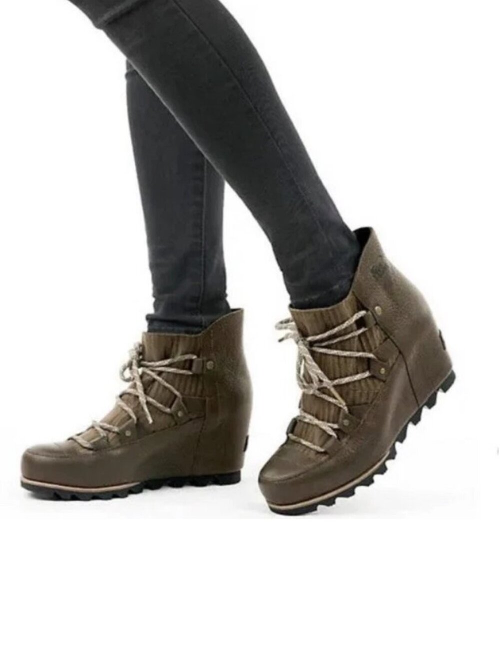 SOREL Sandy hidden heel wedge booties Army Green leather 7